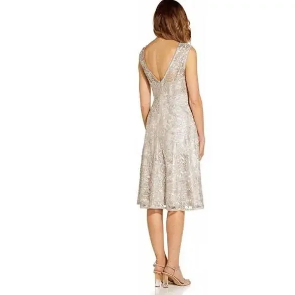 Adrianne Papell Taupe Embroidered Lace w/ Sequins Aline Fit/Flare Cocktail Dress - Picture 2 of 8